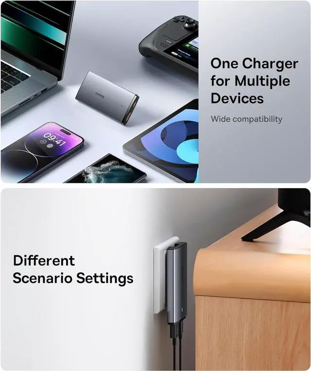 Alt view image 5 of 6 - Baseus 65W Flat Wall Charger, 2 Port Ultra-Slim USB C GaN Charger with Foldable Plug for MacBook, iPhone 16/15/14/13/12/11/Pro Max/XS/XR, Samsung, iPad, Steam Deck with Charging Cable