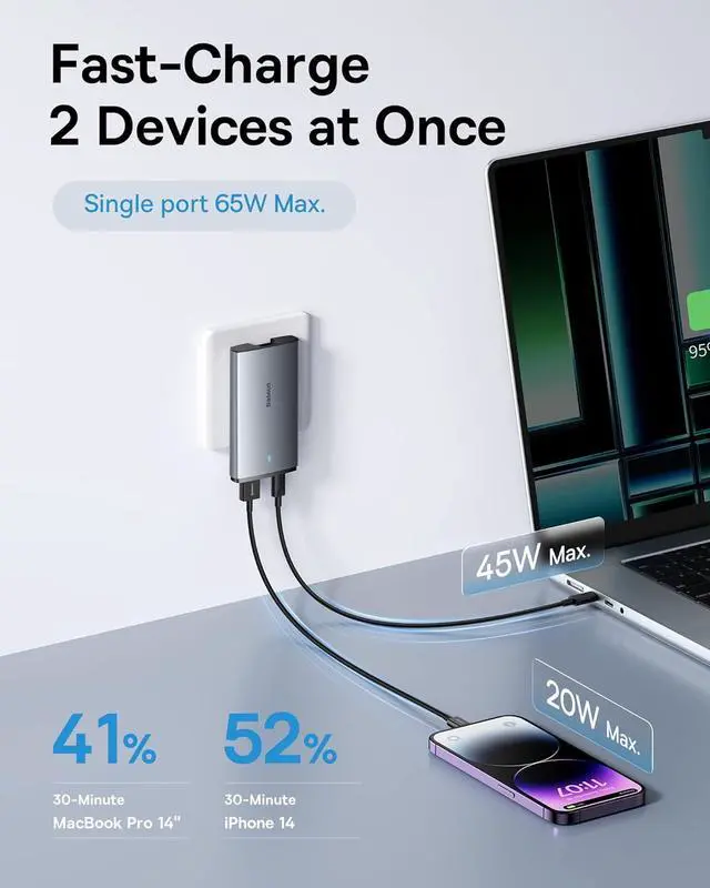 Alt view image 2 of 6 - Baseus 65W Flat Wall Charger, 2 Port Ultra-Slim USB C GaN Charger with Foldable Plug for MacBook, iPhone 16/15/14/13/12/11/Pro Max/XS/XR, Samsung, iPad, Steam Deck with Charging Cable