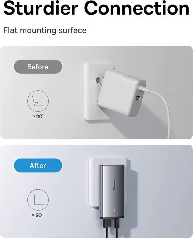 Alt view image 6 of 6 - Baseus 65W Flat Wall Charger, 2 Port Ultra-Slim USB C GaN Charger with Foldable Plug for MacBook, iPhone 16/15/14/13/12/11/Pro Max/XS/XR, Samsung, iPad, Steam Deck with Charging Cable