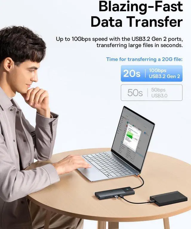 Alt view image 5 of 5 - Baseus Docking Station Dual Monitor,10Gbps 10 in 1 Docking Station with 2 HDMI Single 4K@120Hz, Dual 4K@ 60Hz,10Gbps USB C and USB A, Gigabit Ethernet, PD 100W, SD/TF for iPhone 15/Mac/Dell/HP/Lenovo