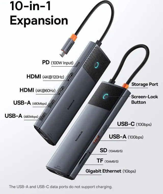 Alt view image 2 of 5 - Baseus Docking Station Dual Monitor,10Gbps 10 in 1 Docking Station with 2 HDMI Single 4K@120Hz, Dual 4K@ 60Hz,10Gbps USB C and USB A, Gigabit Ethernet, PD 100W, SD/TF for iPhone 15/Mac/Dell/HP/Lenovo