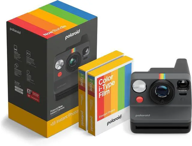 Main image of Polaroid Now 3rd Generation I-Type Instant Camera + Film Bundle - Now Black Camera + 16 Color Photos (6560)
