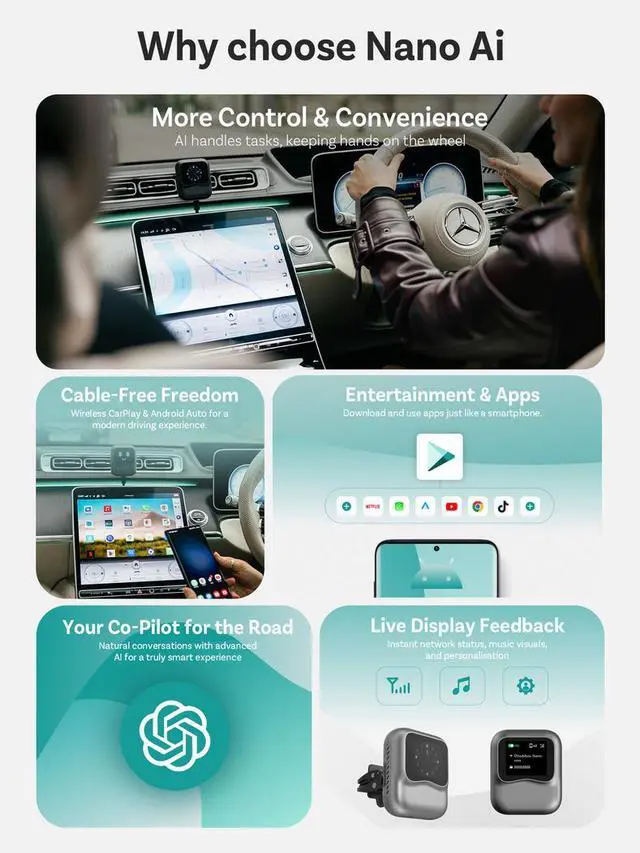 Alt view image 4 of 7 - NANO(ottocast) The wireless smart voice carplay box features a 7-inch screen and 128GB of internal memory, and is compatible with the original car's built-in carplay