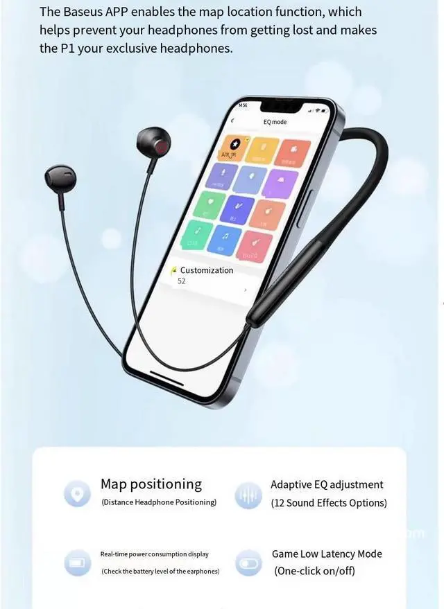 Alt view image 2 of 7 - Baseus P1 Bluetooth headphones, sports neckband style, specifically designed for running with wireless noise cancellation and long battery life, neckband style Black