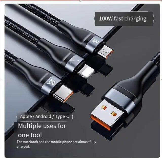 Main image of BASEUS USB to M+L+C 100W one-to-three 100w nylon material Super Fast charging cable suitable for Apple, Huawei type-c, Android mobile phone, ipad black 1.2M