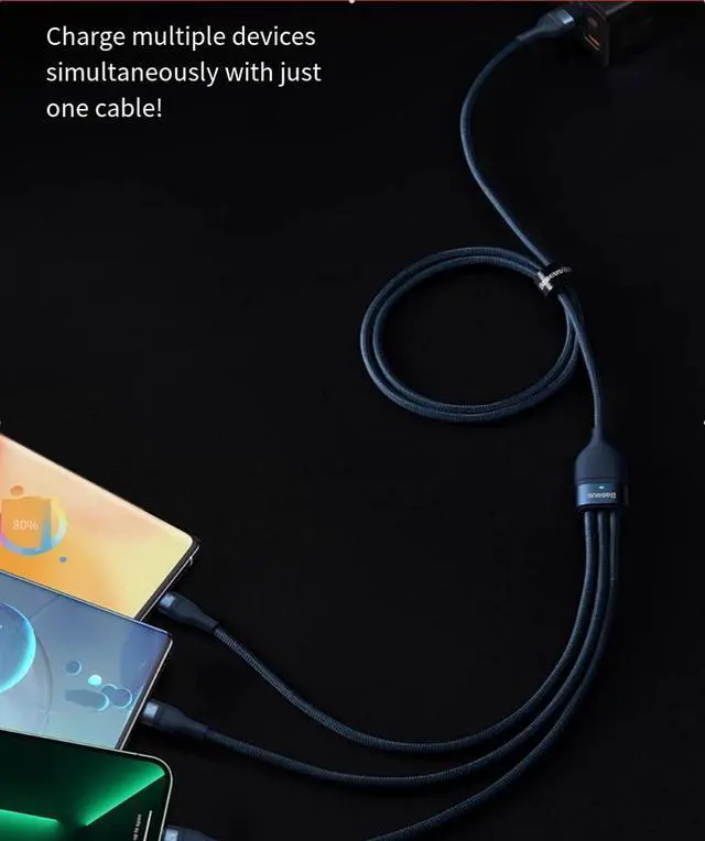 Alt view image 4 of 7 - BASEUS USB to M+L+C 100W one-to-three 100w nylon material Super Fast charging cable suitable for Apple, Huawei type-c, Android mobile phone, ipad black 1.2M