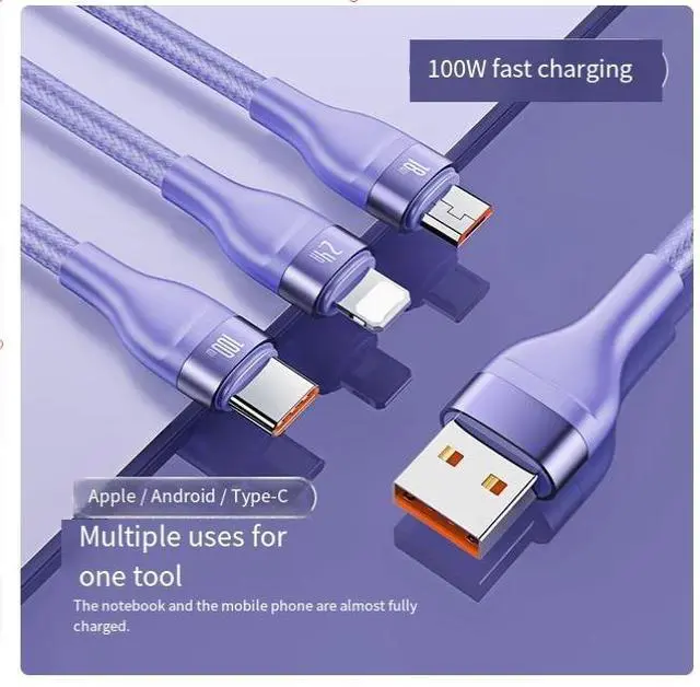 Main image of BASEUS USB to M+L+C 100W one-to-three 100w nylon material Super Fast charging cable, suitable for Apple, Huawei type-c, Android mobile phone, ipad, purple 1.2M