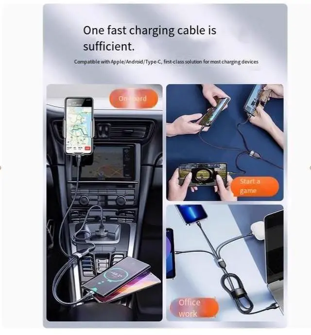 Alt view image 2 of 7 - BASEUS USB to M+L+C 100W one-to-three 100w nylon material Super Fast charging cable, suitable for Apple, Huawei type-c, Android mobile phone, ipad, purple 1.2M