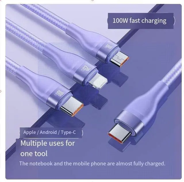 Main image of BASEUS  Type-C to M+L+C 100W one-to-three 100w nylon material Super Fast charging cable suitable for Apple, Huawei type-c, Android mobile phone, ipad, purple 1.5M