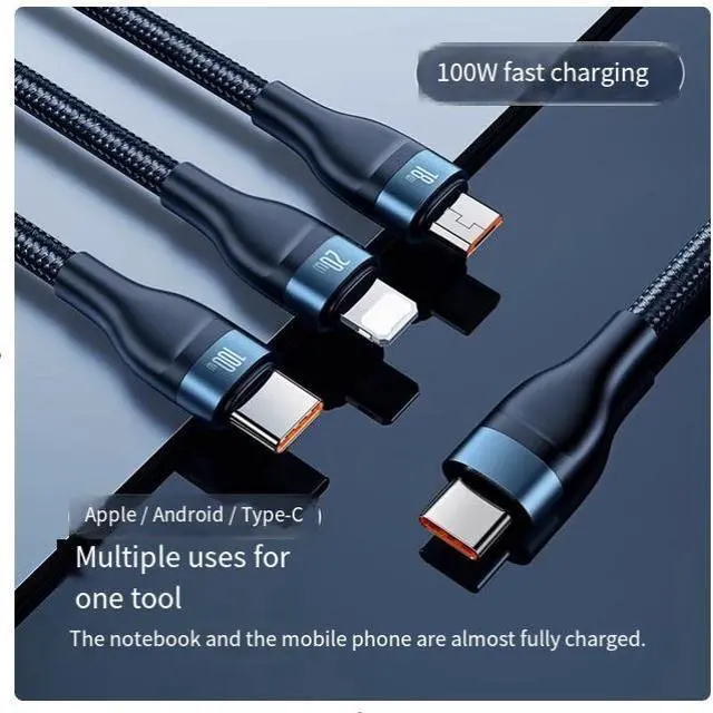 Main image of BASEUS  Type-C to M+L+C 100W one-to-three 100w nylon material Super Fast charging cable suitable for Apple, Huawei type-c, Android mobile phone, ipad, blue 1.5M