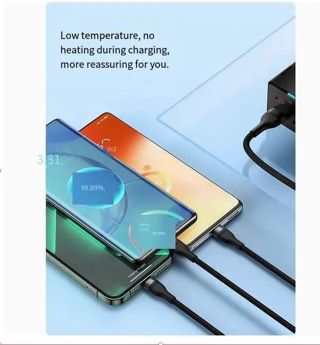 Alt view image 3 of 7 - BASEUS  Type-C to M+L+C 100W one-to-three 100w nylon material Super Fast charging cable suitable for Apple, Huawei type-c, Android mobile phone, ipad, blue 1.5M
