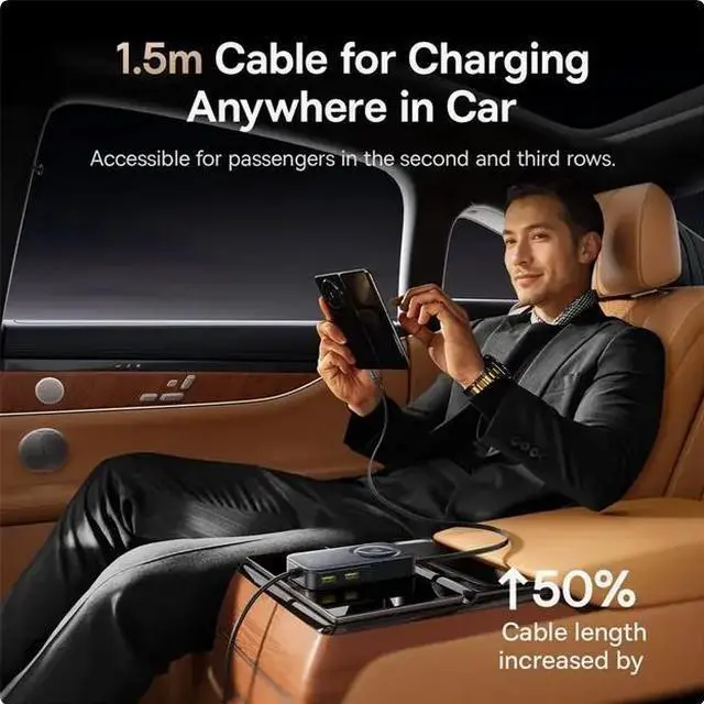 Alt view image 5 of 7 - BASEUS 105W Retractable Car Charger Rear Seat Expand Quick 6 Ports