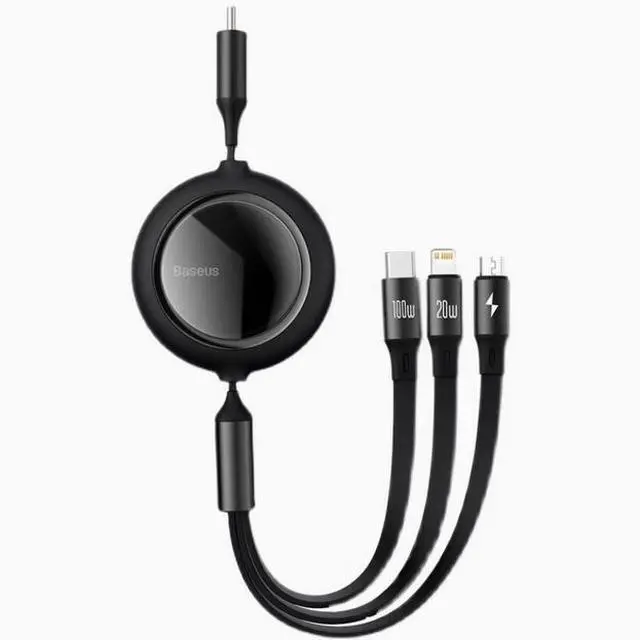 Main image of Baseus 66W 3-in-1 fast charging cable with retractable USB to lighting + Android micro+ Type-C suitable for iPhone Android various models of laptop tablets Black 1.1m