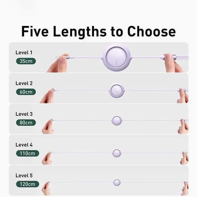 Alt view image 3 of 7 - Baseus 66W 3-in-1 fast charging cable with retractable USB to lighting + Android micro+ Type-C suitable for iPhone Android various models of laptop tablets purple 1.1m