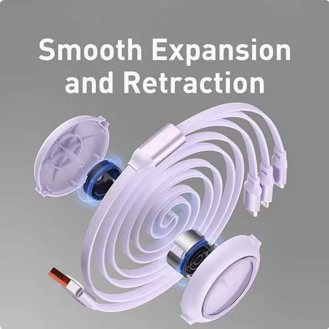 Alt view image 4 of 7 - Baseus 66W 3-in-1 fast charging cable with retractable USB to lighting + Android micro+ Type-C suitable for iPhone Android various models of laptop tablets purple 1.1m