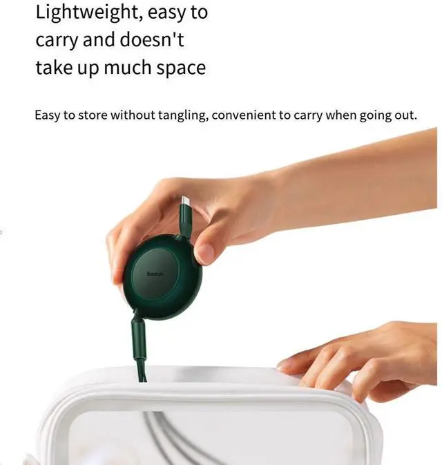 Alt view image 7 of 7 - Baseus 66W 3-in-1 fast charging cable with retractable USB to lighting + Android micro+ Type-C suitable for iPhone Android various models of laptop tablets dark green 1.1M