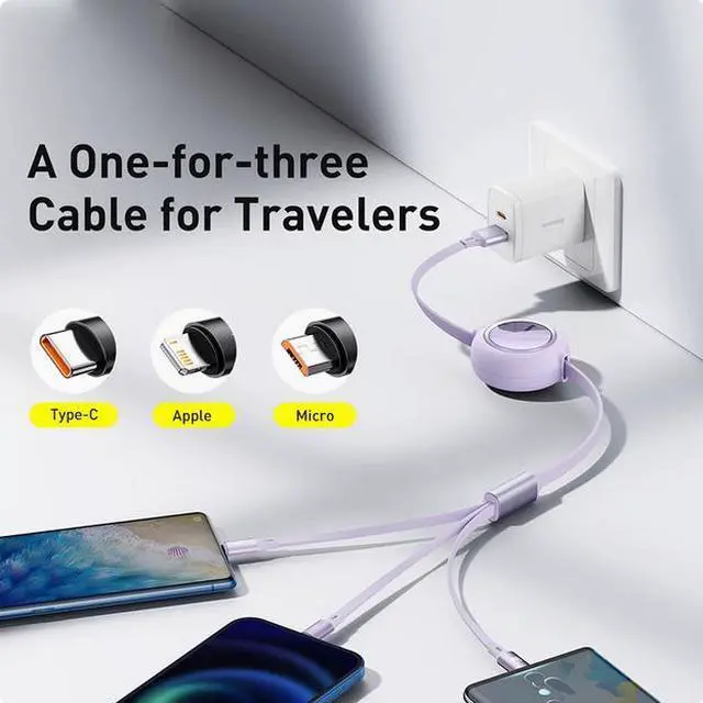 Alt view image 2 of 7 - Baseus 100W 3-in-1 fast charging cable with retractable Type-C to lighting + Android micro+ Type-C suitable for iPhone  Android various models of laptop tablets purple 1.1m