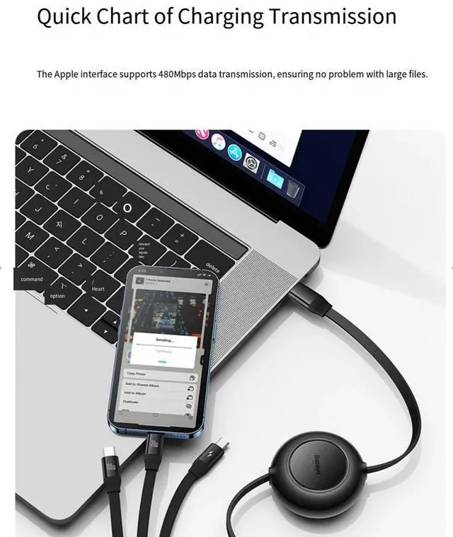 Alt view image 6 of 7 - Baseus 100W 3-in-1 fast charging cable with retractable Type-C to lighting + Android micro+ Type-C suitable for iPhone  Android various models of laptop tablets purple 1.1m