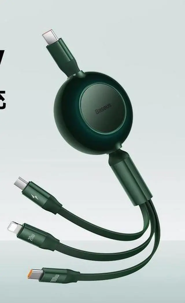 Main image of Baseus 100W 3-in-1 fast charging cable with retractable Type-C to lighting + Android micro+ Type-C suitable for iPhone  Android various models of laptop tablets green 1.1m