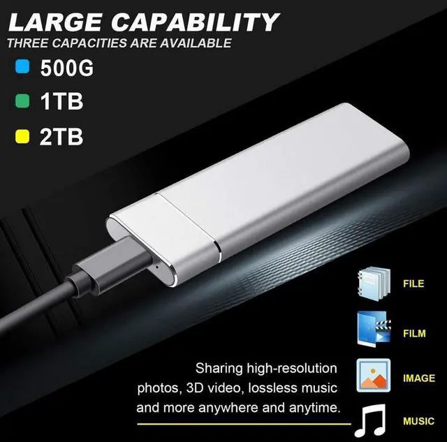 Alt view image 5 of 7 - USB3.0 M.2 mobile solid state disk External hard disk 100M/S high-speed reading 2TB silver