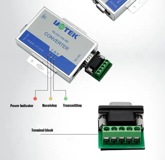 Alt view image 5 of 7 - UTEK RS-232 to RS-485 Converter RS232 To RS485 Conversion Adapter DB9 Connector RS-485 Each Line 600W Lightning Surge ProtectIion With Power UT-2216