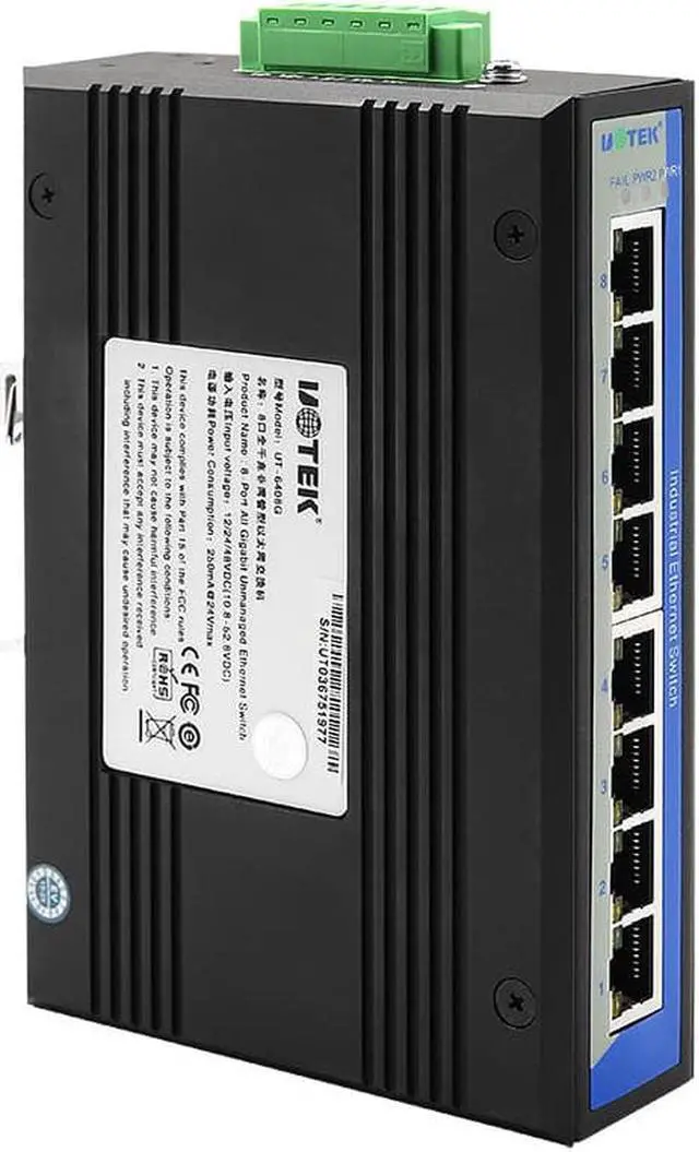 Alt view image 2 of 7 - Industrial Grade UTEK 10/100/1000M 8 Ports RJ45 Network Unmanaged Ethernet Switch DIN-Rail 12/24/48VDC Support Reverse Polarity Protection UT-6408G