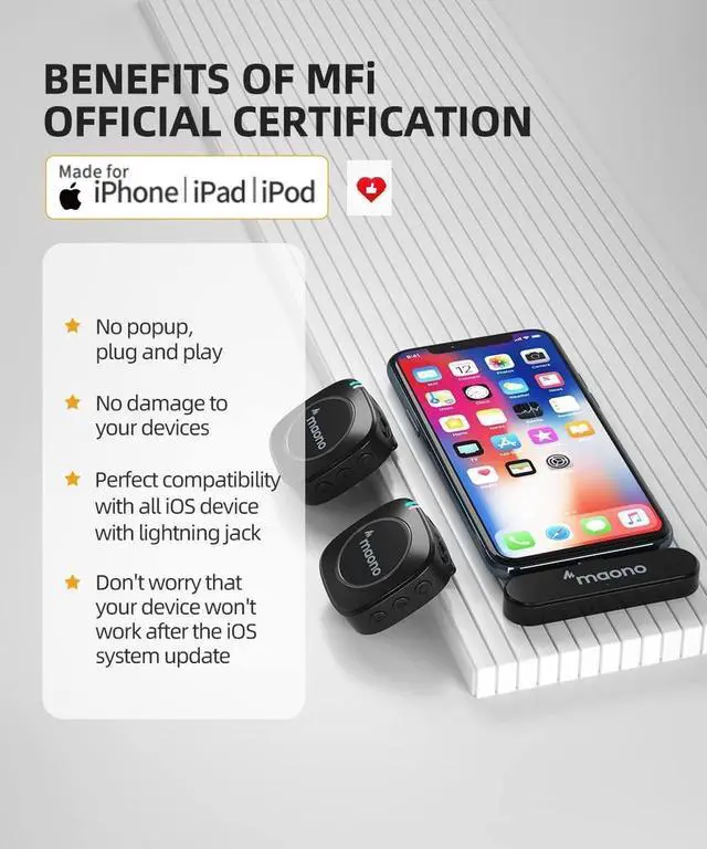 Alt view image 3 of 7 - MAONO Ultra-Compact Wireless Lavalier Microphone with MFi Certified for iPhone, iPad, 2.4GHz Dual Lapel Mics with Pro Audio Chip and Mute for TikTok, Interview, Vlogging, Live Streaming(WM820 B2)