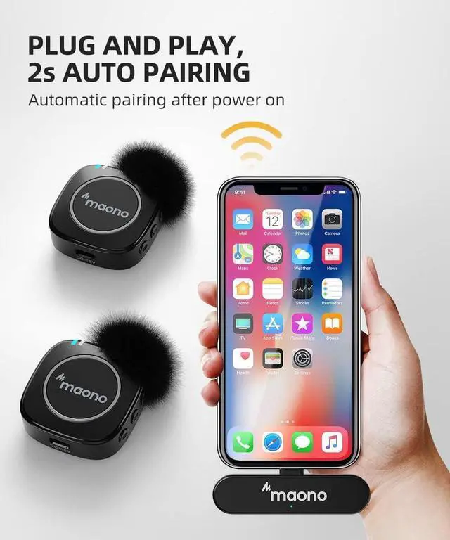 Alt view image 4 of 7 - MAONO Ultra-Compact Wireless Lavalier Microphone with MFi Certified for iPhone, iPad, 2.4GHz Dual Lapel Mics with Pro Audio Chip and Mute for TikTok, Interview, Vlogging, Live Streaming(WM820 B2)