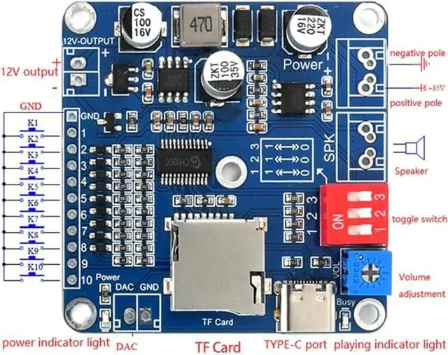 Alt view image 3 of 5 - 20W Voice Playback Module, TF Card 32GB Sound Board USB Downloadable MP3 Music Player DC 6-35V Support Programmable Combination,Background IO Trigger 10-Way Amplifier Chip for Industry Broadcast.