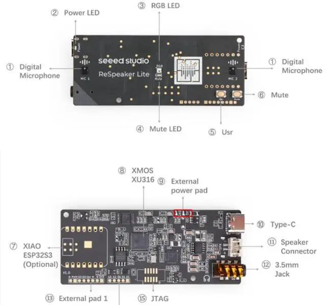 Alt view image 4 of 5 - SeeedStudio ReSpeaker Lite 2 Microphone on-board AI speech recognition control module development kit with XIAO S3 motherboard
