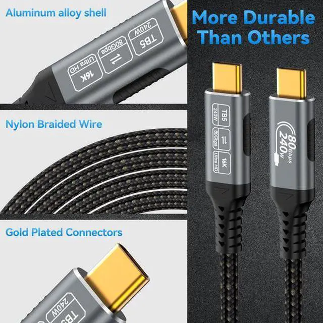 Alt view image 2 of 7 - Thunderbolt 5 Cable 80GbpsUSB-C to USB-C 240W PD Fast Charging, 16K Video Support, 8K@60Hz/4K@144Hz, Compatible with MacBook Pro,  XPS, iPad Pro, Galaxy S24, Nylon Braided,