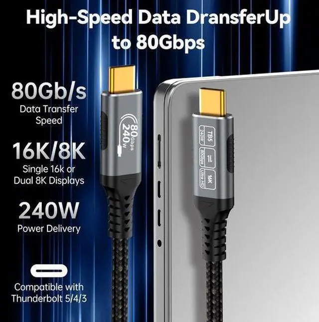 Alt view image 3 of 7 - Thunderbolt 5 Cable 80GbpsUSB-C to USB-C 240W PD Fast Charging, 16K Video Support, 8K@60Hz/4K@144Hz, Compatible with MacBook Pro,  XPS, iPad Pro, Galaxy S24, Nylon Braided,