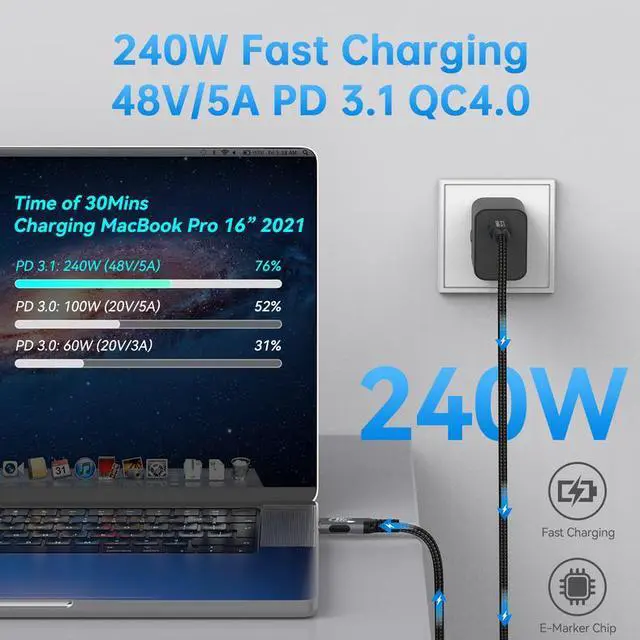 Alt view image 7 of 7 - Thunderbolt 5 Cable 80GbpsUSB-C to USB-C 240W PD Fast Charging, 16K Video Support, 8K@60Hz/4K@144Hz, Compatible with MacBook Pro,  XPS, iPad Pro, Galaxy S24, Nylon Braided,