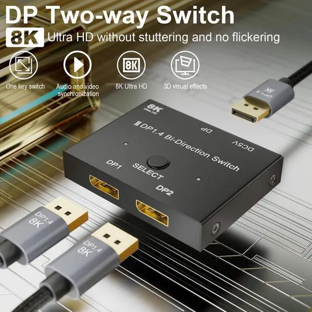 Alt view image 4 of 6 - 8K@60Hz DP 1.4 Switch 2-in-1 Out - Bidirectional DisplayPort Switcher for Dual Monitor Setup, PC, Laptop, Gaming, 4K@144Hz, HDR, G-Sync/FreeSync Compatible