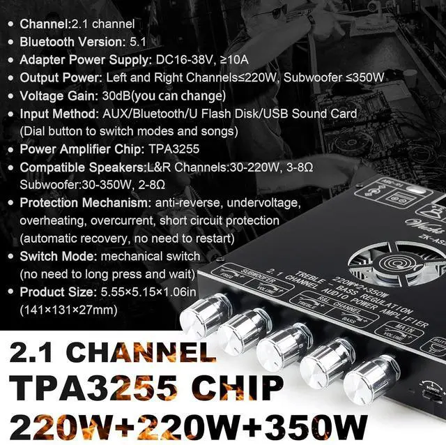 Alt view image 3 of 6 - ZK-AS21 220W*2+350W 2.1 Bluetooth Power Amplifier Board with TPA3255 Chip, 18V-36V Bluetooth Speaker Audio Amplifier Module Vehicle Amplifiers