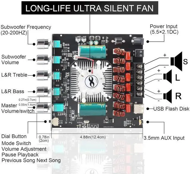 Alt view image 2 of 6 - ZK-AS21 220W*2+350W 2.1 Bluetooth Power Amplifier Board with TPA3255 Chip, 18V-36V Bluetooth Speaker Audio Amplifier Module Vehicle Amplifiers