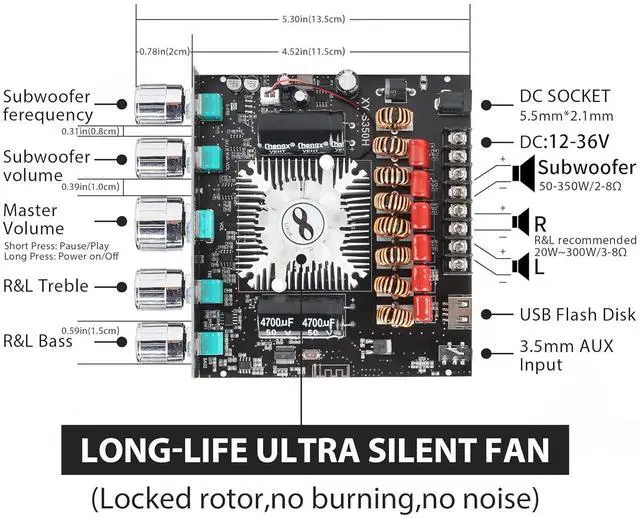 Alt view image 2 of 6 - XY-S350H 220W*2+350W 2.1 Bluetooth Power Amplifier Board Support Custom Bluetooth Name, 18V-36V Bluetooth Speaker Audio Amplifier Module (XY-S350H)