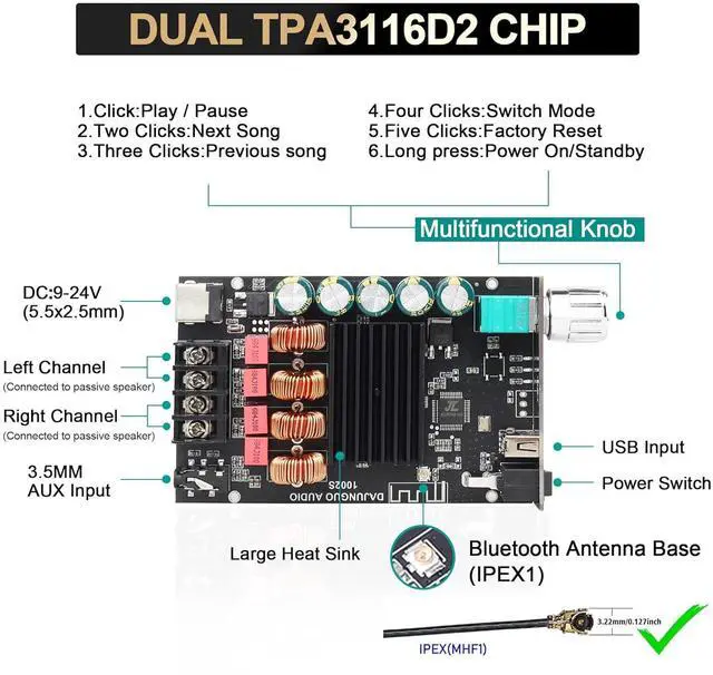 Alt view image 2 of 7 - 1002S 2.0 Bluetooth Amplifier Board with Dual TPA3116D2 Chips, 100W+100W Power Output