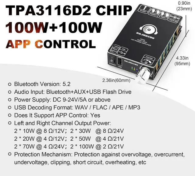Alt view image 4 of 7 - 1002S 2.0 Bluetooth Amplifier Board with Dual TPA3116D2 Chips, 100W+100W Power Output