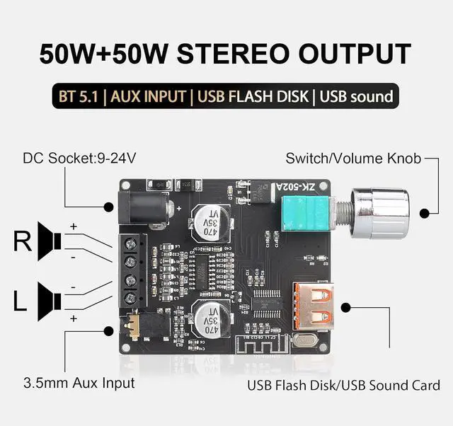 Alt view image 2 of 6 - ZK-502A 2.0 Bluetooth 5.0 Amplifier Board 50W*50W with APP Control(Android Only),100W Bluetooth Audio AMP Board for DIY Bluetooth Speaker Kit DC9-24V,Black (ZK-502A)