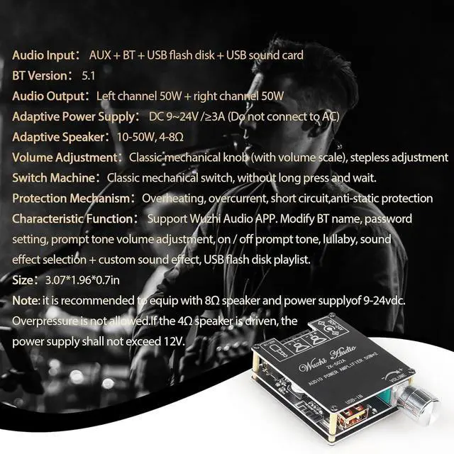 Alt view image 5 of 6 - ZK-502A 2.0 Bluetooth 5.0 Amplifier Board 50W*50W with APP Control(Android Only),100W Bluetooth Audio AMP Board for DIY Bluetooth Speaker Kit DC9-24V,Black (ZK-502A)