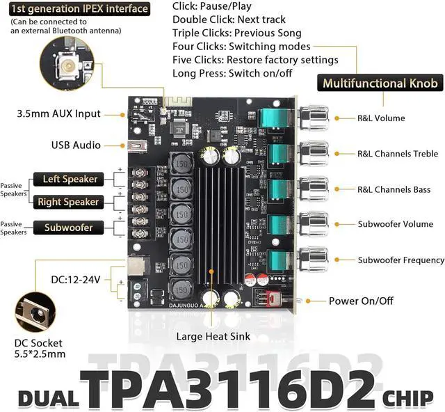 Alt view image 2 of 6 - TB21 PRO TPA3116D2 Bluetooth Power Amplifier Board with Subwoofer 2.1 Channel 50W×2+100W, 12V-24V Audio Power Amplifier Module with Treble and Bass Control