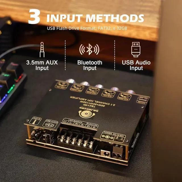 Alt view image 3 of 6 - TB21 PRO TPA3116D2 Bluetooth Power Amplifier Board with Subwoofer 2.1 Channel 50W×2+100W, 12V-24V Audio Power Amplifier Module with Treble and Bass Control