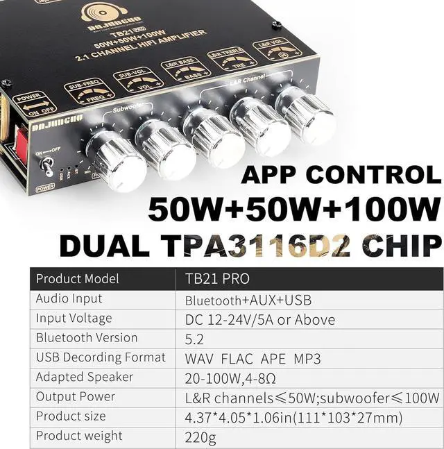 Alt view image 6 of 6 - TB21 PRO TPA3116D2 Bluetooth Power Amplifier Board with Subwoofer 2.1 Channel 50W×2+100W, 12V-24V Audio Power Amplifier Module with Treble and Bass Control