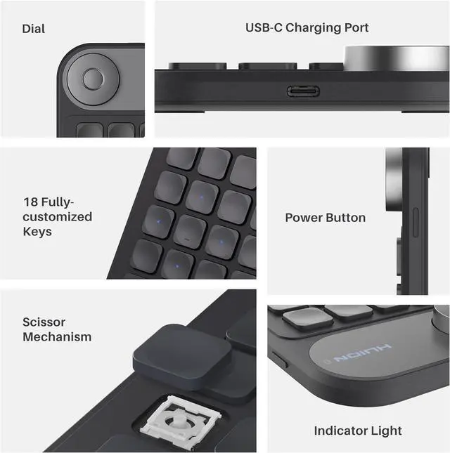 Alt view image 2 of 7 - HUION Keydial Mini Bluetooth Programmable Keypad with Dial 5 Keys Anti-ghosting 18 Customized Keys, Wireless Shortcut Keyboard for Drawing Tablet, PC, MacBook, Surface Pro, Laptops