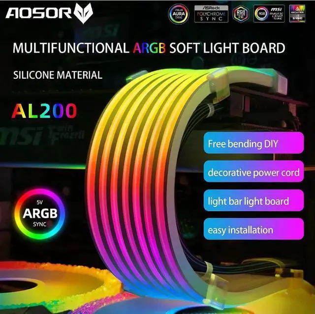 Alt view image 3 of 7 - COOLMOON AOSOR AL200 Lamp Tape 5V ARGB Aura Sync Flexible Light Bar Widening Bendable Multifunctional DIY for 3x8P Graphics Card