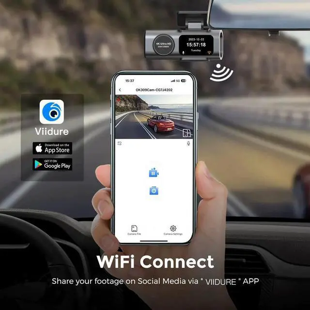 Alt view image 4 of 7 - 4K UHD Car Dash Cam  Front & Rear Dual Recording, WiFi Smartphone Connection, Discreet Design, Night Vision, G-Sensor, Loop Recording