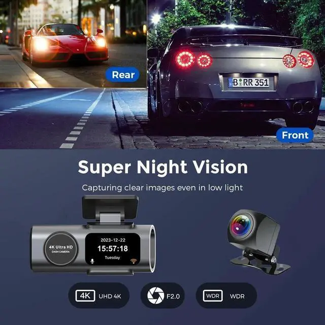 Alt view image 3 of 7 - 4K UHD Car Dash Cam  Front & Rear Dual Recording, WiFi Smartphone Connection, Discreet Design, Night Vision, G-Sensor, Loop Recording