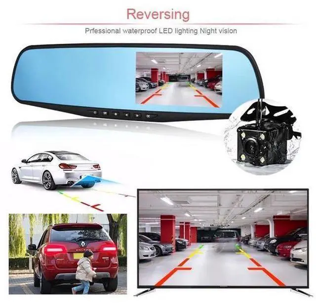 Alt view image 3 of 5 - 4.5" Full Screen Mirror Dash Cam 1080P - Front & Rear Recording, Reverse Camera, Night Vision, Anti-Glare, Loop Recording