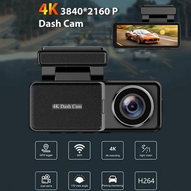 Alt view image 2 of 6 - 3.2" Dash Cam 4K+1080P - Dual Lens 170° Wide Angle, WiFi, Night Vision, Parking Mode, Support 256GB
